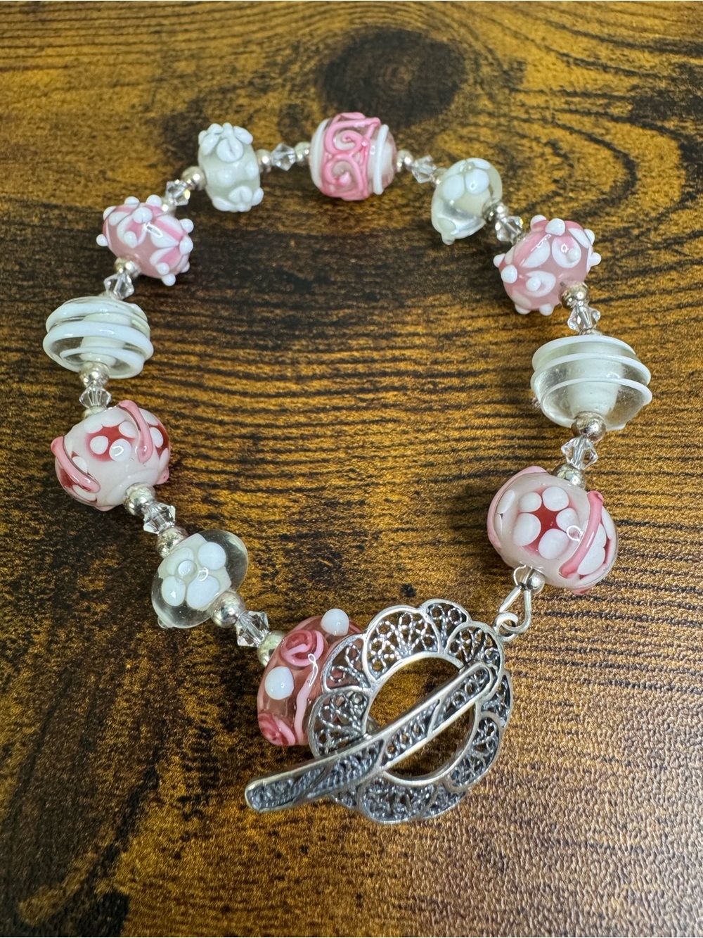 Vintage JBB Pink & White Lampwork Bead Bracelet Filigree Sterling Silver Clasp